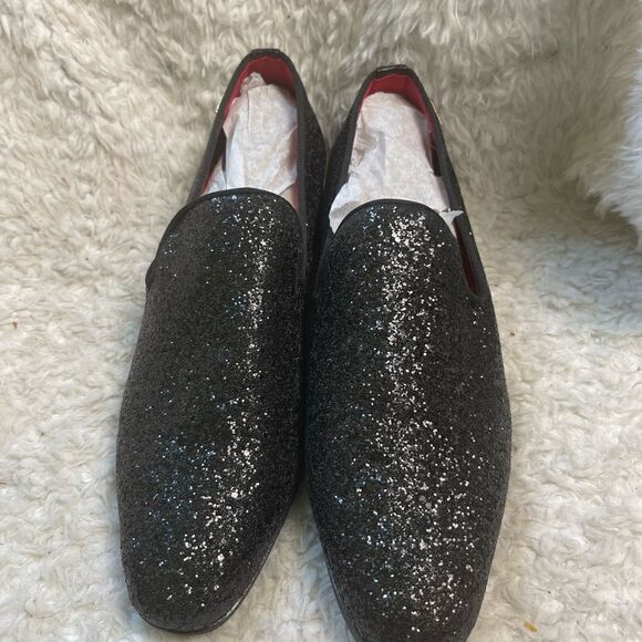 NWOT Black glitter synthetic leather Men’s slip on dress shoes rubber soles SZ13 main image 10
